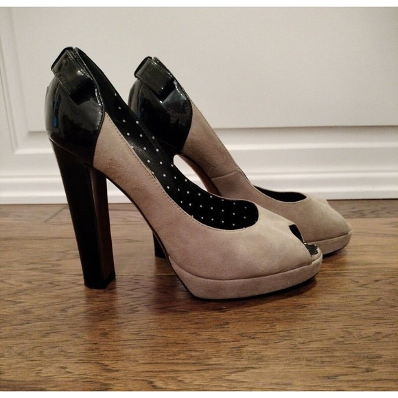 Moschino Size 7.5 Cheap and Chic Peep Toe Heels Suede & Patent Leather Italy - Picture 1 of 16